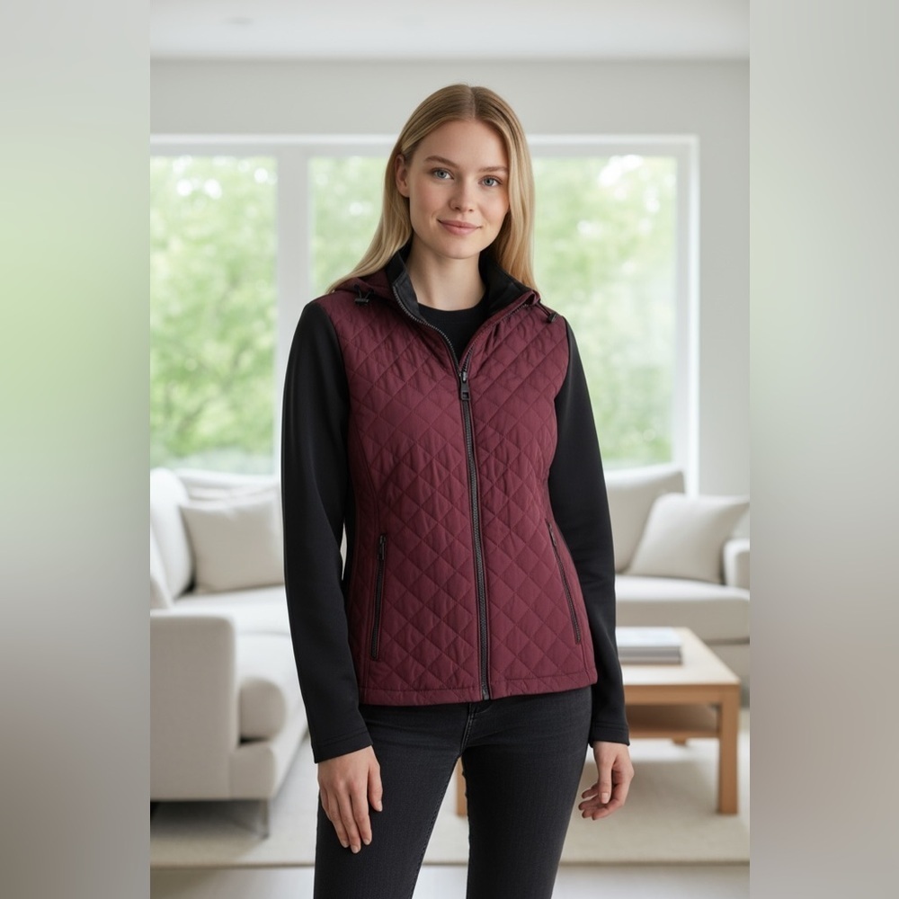 Andrew Marc Burgundy and Black Quilted Puffer Jacket - Size M